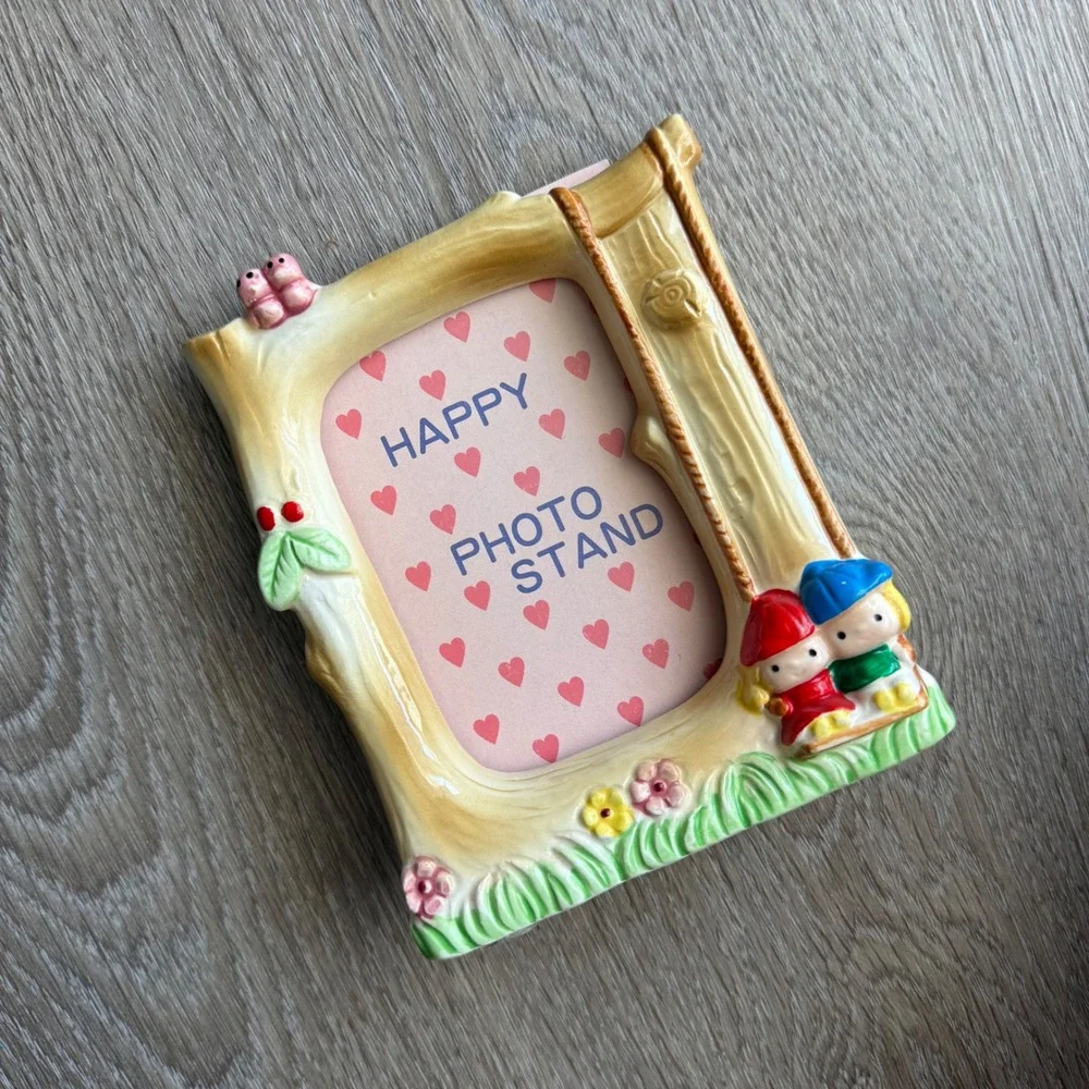 Vintage Ceramic Woodland Tree Trunk Photo Frame Children on Swing Pink Birds